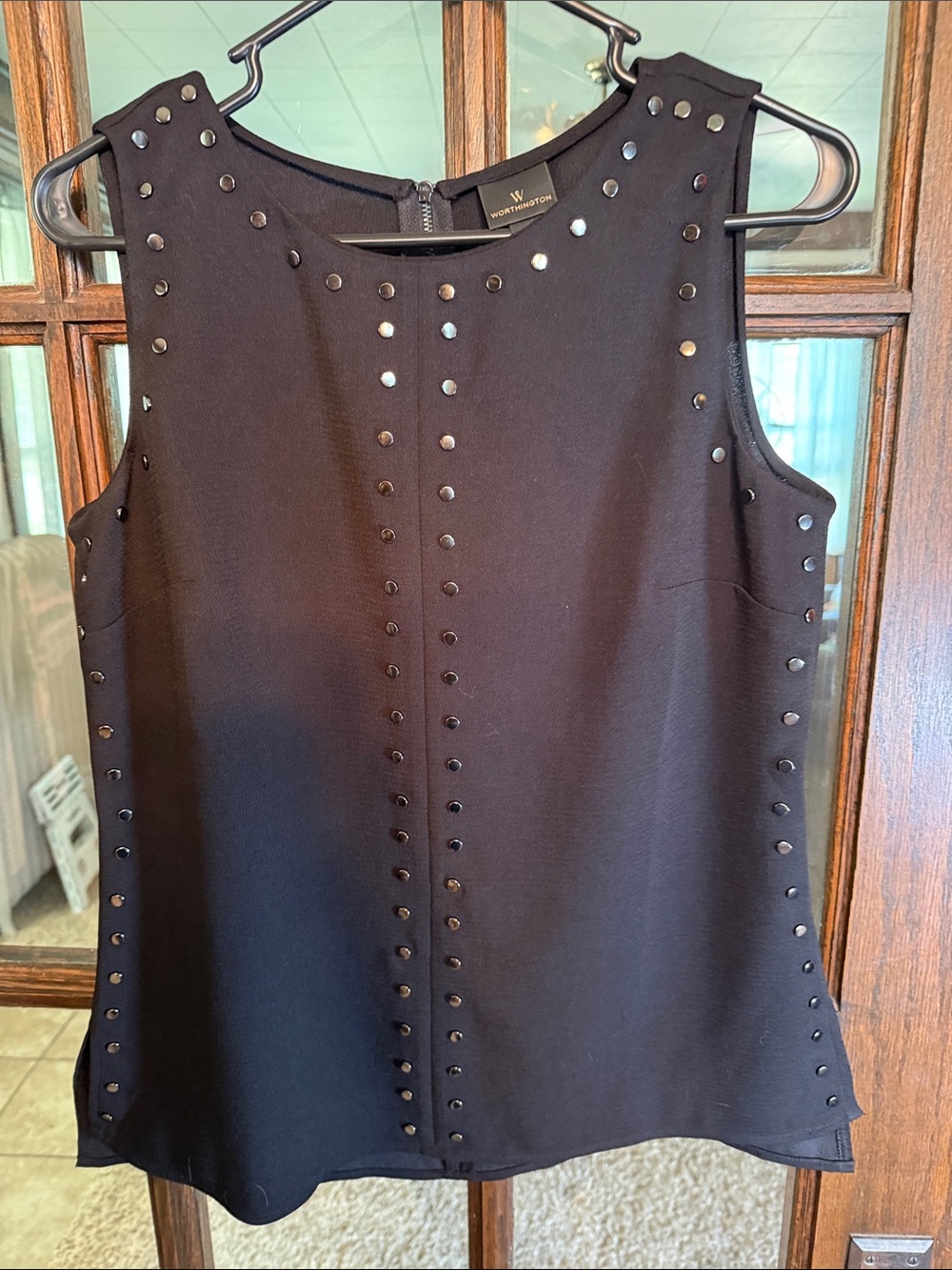 Worthington Womens Black Studded Sleeveless Blouse Round Neck Back Zip Small
